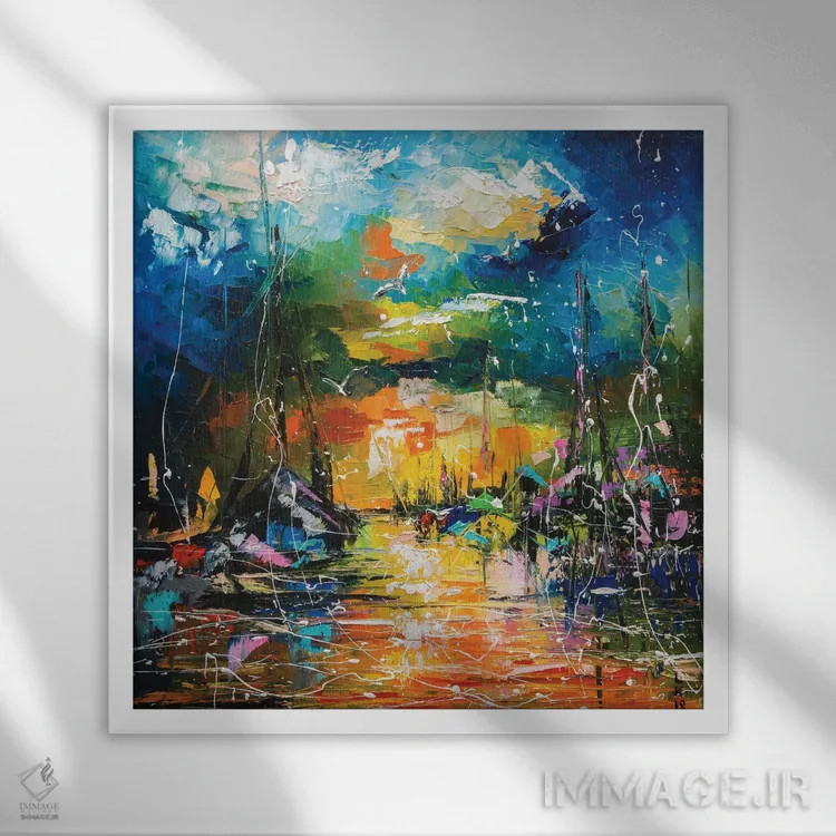 تابلو انتزاعی بندرگاه عصرگاهی اثر کوپتسووا آرت - نمای قابدار سفید