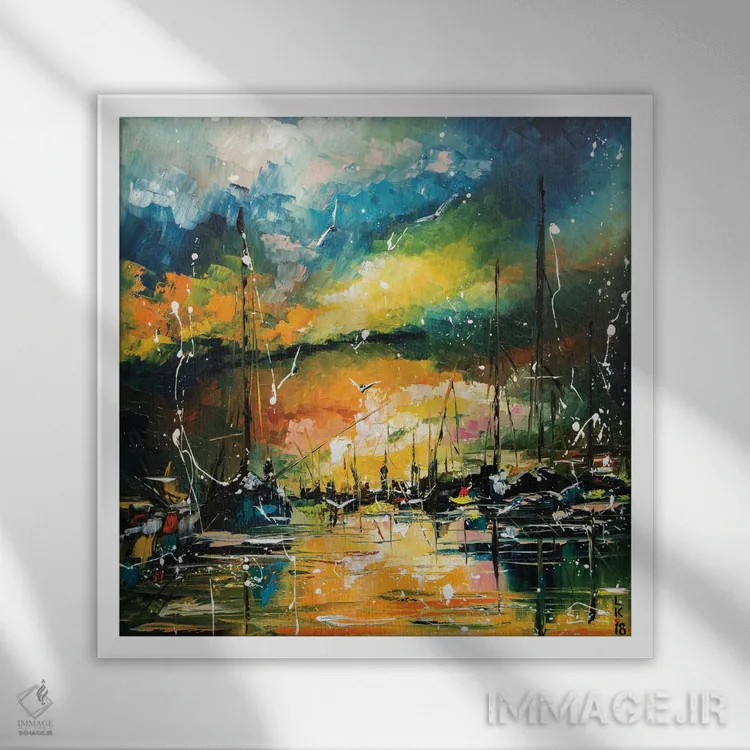 تابلو انتزاعی بندرگاه در غروب اثر کوپتسووا آرت - نمای قابدار سفید