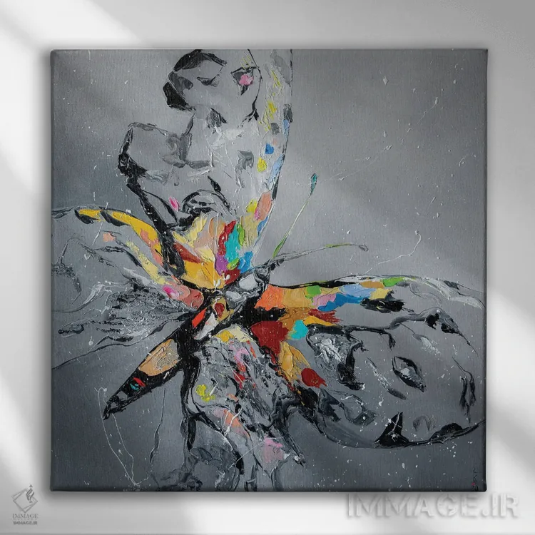 تابلو دکوراتیو پروانه روی خاکستری اثر کوپتسووا آرت - نمای روبهرو روی دیوار