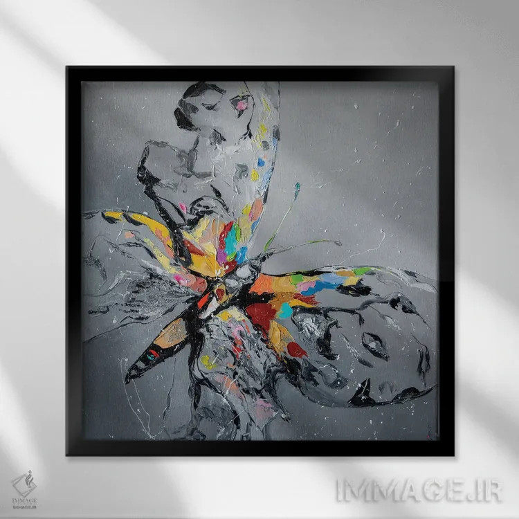 تابلو دکوراتیو پروانه روی خاکستری اثر کوپتسووا آرت - نمای قابدار مشکی