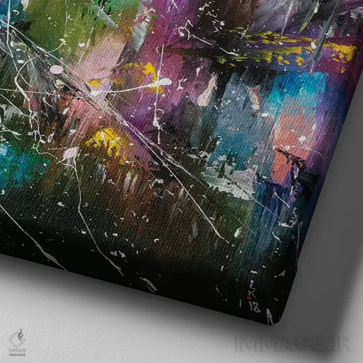 تابلو انتزاعی شهر جادویی اثر کوپتسووا آرت - نمای نزدیک بافت بوم