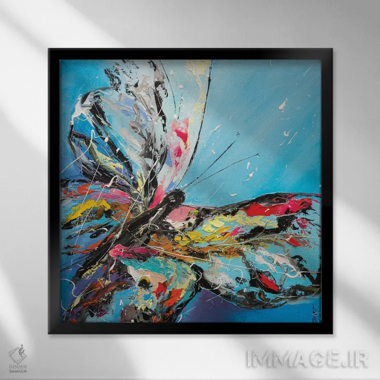 تابلو دکوراتیو پروانه روی زمینه آبی اثر کوپتسووا آرت - نمای قابدار مشکی