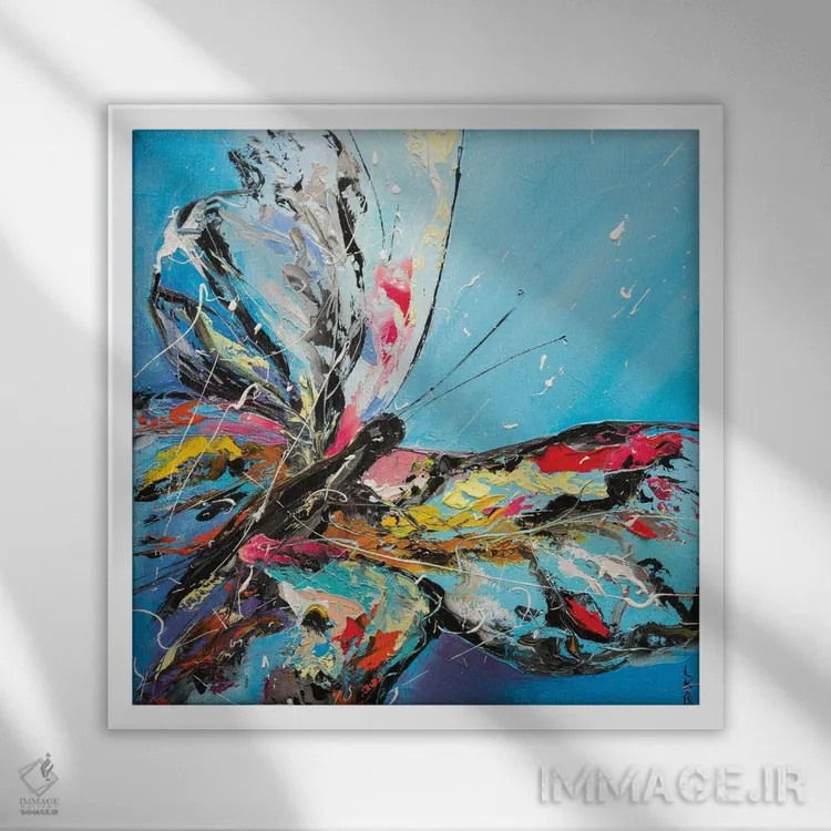 تابلو دکوراتیو پروانه روی زمینه آبی اثر کوپتسووا آرت - نمای قابدار سفید