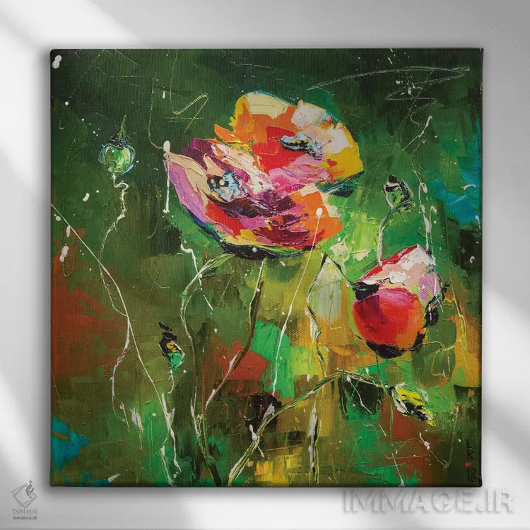 تابلو انتزاعی شقایق ها ۱ اثر کوپتسووا آرت - نمای روبهرو روی دیوار