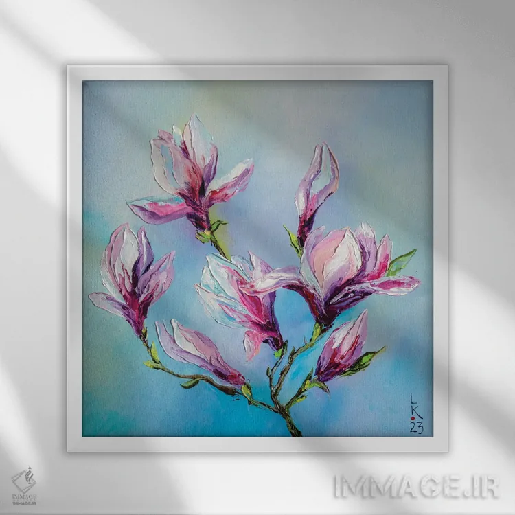تابلو دکوراتیو مگنولیای شکوفا اثر کوپتسووا آرت - نمای قابدار سفید