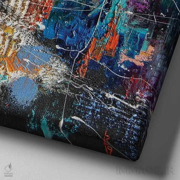 تابلو انتزاعی شهر شبانه اثر کوپتسووا آرت - نمای نزدیک بافت بوم