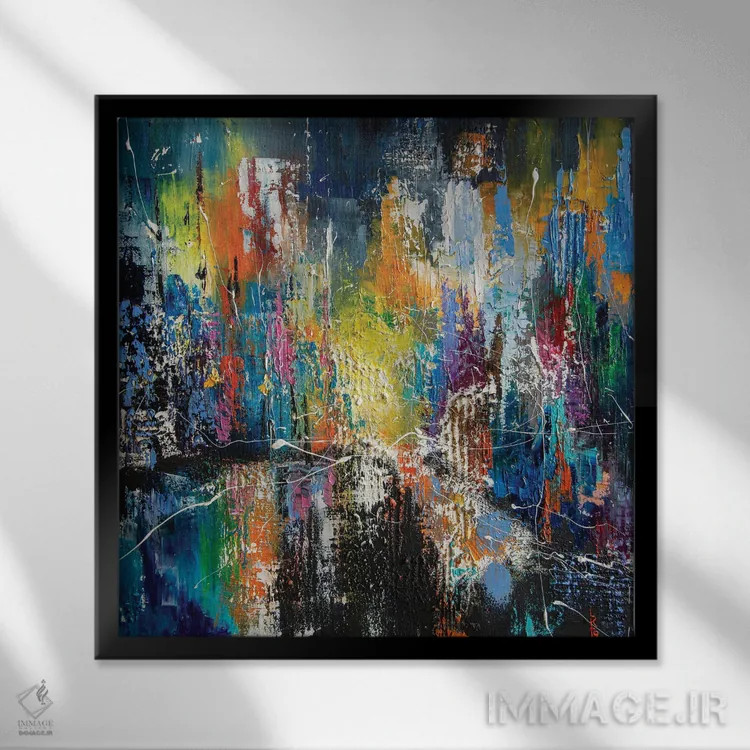 تابلو انتزاعی شهر شبانه اثر کوپتسووا آرت - نمای قابدار مشکی