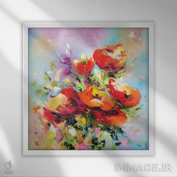 تابلو دکوراتیو شقایق های قرمز اثر کوپتسووا آرت - نمای قابدار سفید