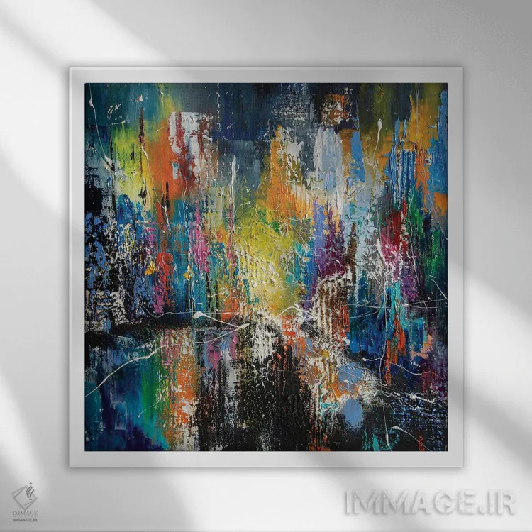 تابلو انتزاعی شهر شبانه اثر کوپتسووا آرت - نمای قابدار سفید