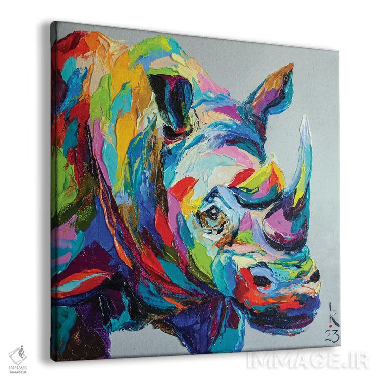 تابلو دکوراتیو کرگدن رنگارنگ اثر کوپتسووا آرت - نمای پرسپکتیو محصول