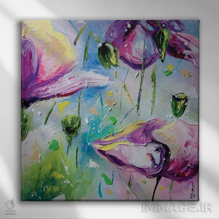 تابلو دکوراتیو شقایق های بنفش II اثر کوپتسووا آرت - نمای روبهرو روی دیوار