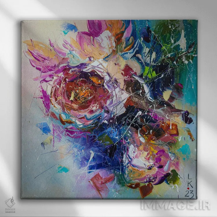 تابلو انتزاعی گل های رز اثر کوپتسووا آرت - نمای روبهرو روی دیوار