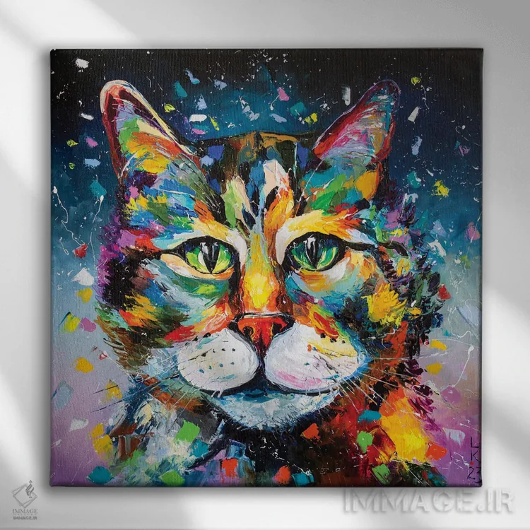 تابلو دکوراتیو گربه رنگارنگ اثر کوپتسووا آرت - نمای روبهرو روی دیوار