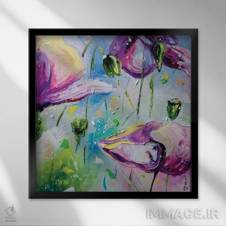 تابلو دکوراتیو شقایق های بنفش II اثر کوپتسووا آرت - نمای قابدار مشکی