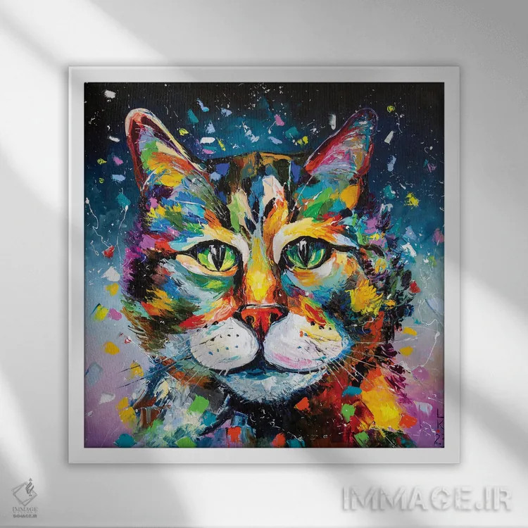 تابلو دکوراتیو گربه رنگارنگ اثر کوپتسووا آرت - نمای قابدار سفید