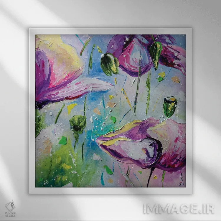 تابلو دکوراتیو شقایق های بنفش II اثر کوپتسووا آرت - نمای قابدار سفید