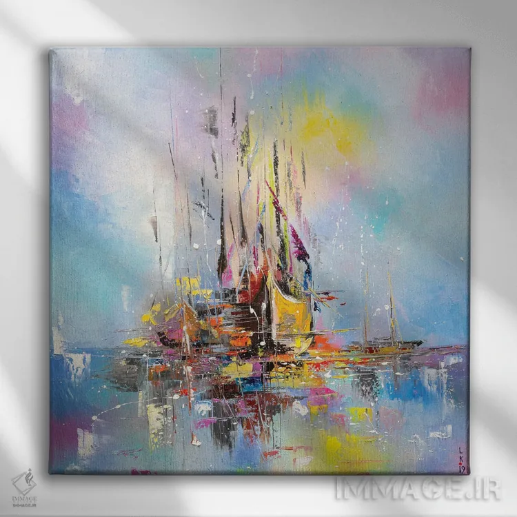 تابلو انتزاعی قایق های وهم آلود اثر کوپتسووا آرت - نمای روبهرو روی دیوار