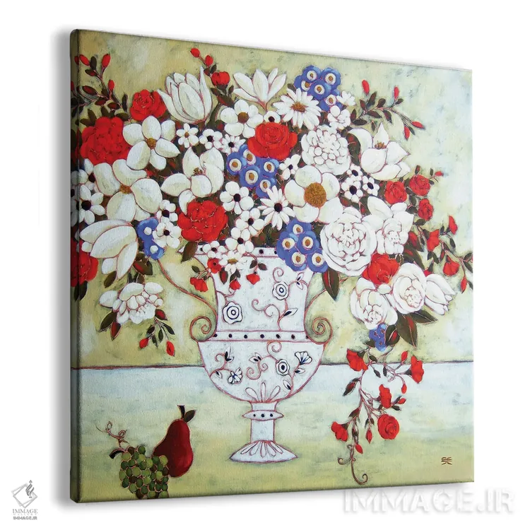 تابلو دکوراتیو شکوفه ها با گلدان عاج و گلابی اثر کارن ریگر - نمای پرسپکتیو محصول
