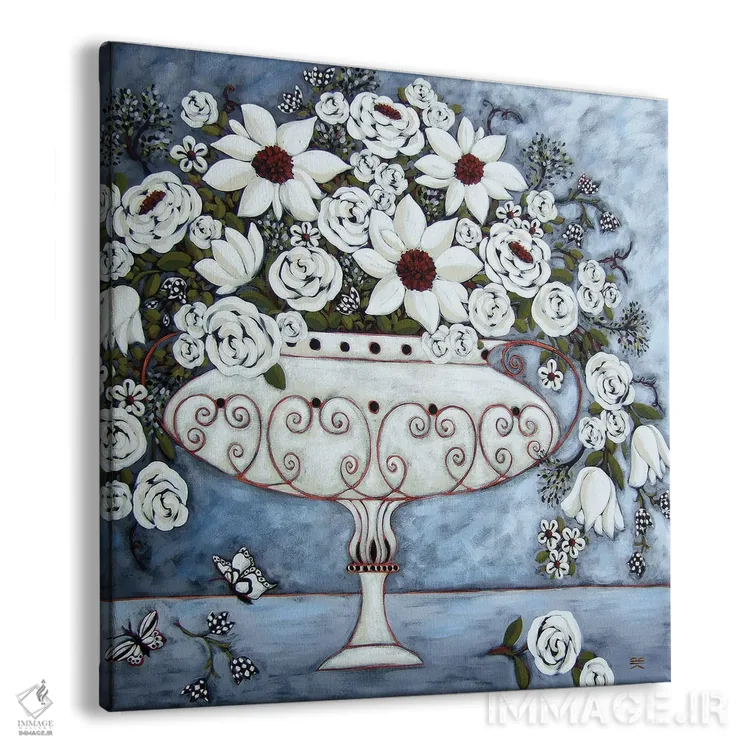 تابلو دکوراتیو طبیعت بی جان سفید با پروانه ها اثر کارن ریگر - نمای پرسپکتیو محصول