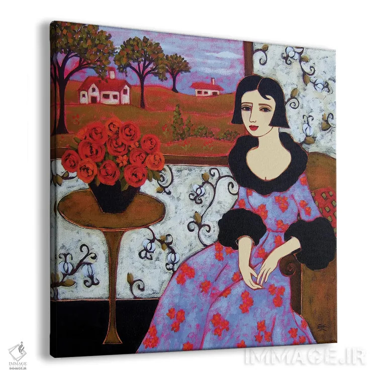 تابلو دکوراتیو زن با لباس لاجوردی و گل رز اثر کارن ریگر - نمای پرسپکتیو محصول