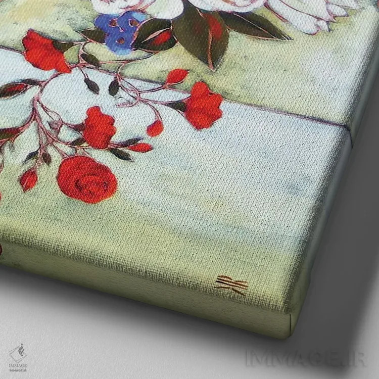 تابلو دکوراتیو شکوفه ها با گلدان عاج و گلابی اثر کارن ریگر - نمای نزدیک بافت بوم