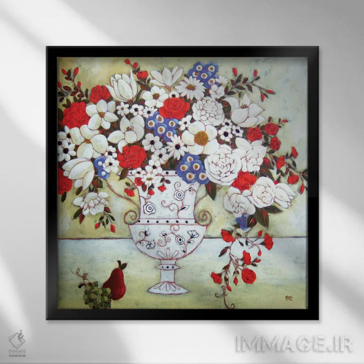 تابلو دکوراتیو شکوفه ها با گلدان عاج و گلابی اثر کارن ریگر - نمای قابدار مشکی