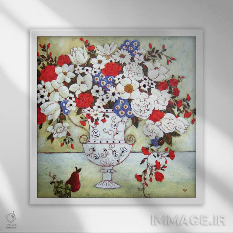 تابلو دکوراتیو شکوفه ها با گلدان عاج و گلابی اثر کارن ریگر - نمای قابدار سفید