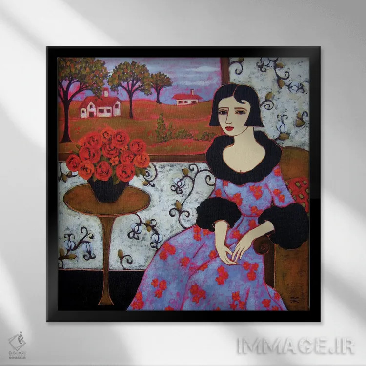 تابلو دکوراتیو زن با لباس لاجوردی و گل رز اثر کارن ریگر - نمای قابدار مشکی