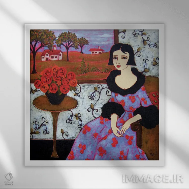 تابلو دکوراتیو زن با لباس لاجوردی و گل رز اثر کارن ریگر - نمای قابدار سفید