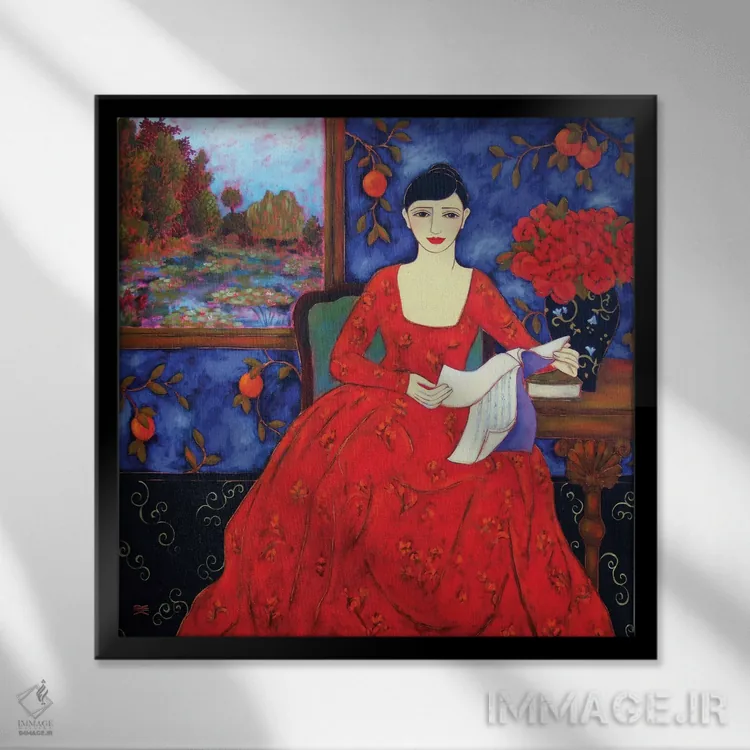 تابلو دکوراتیو زن با منظره و پرتقال ها اثر کارن ریگر - نمای قابدار مشکی