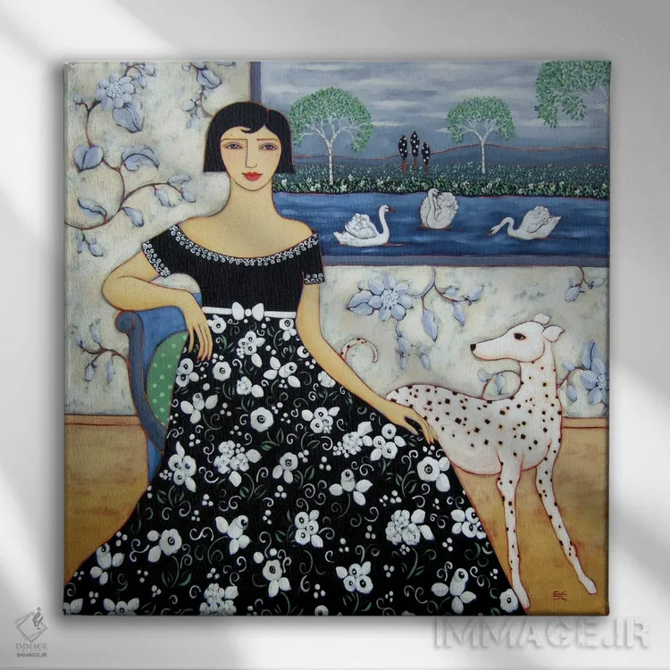 تابلو دکوراتیو زن با درختان توس و قوی سفید اثر کارن ریگر - نمای روبهرو روی دیوار