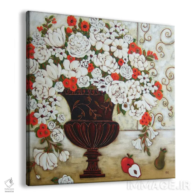 تابلو دکوراتیو گل های قرمز و سفید با سیب و گلابی اثر کارن ریگر - نمای پرسپکتیو محصول