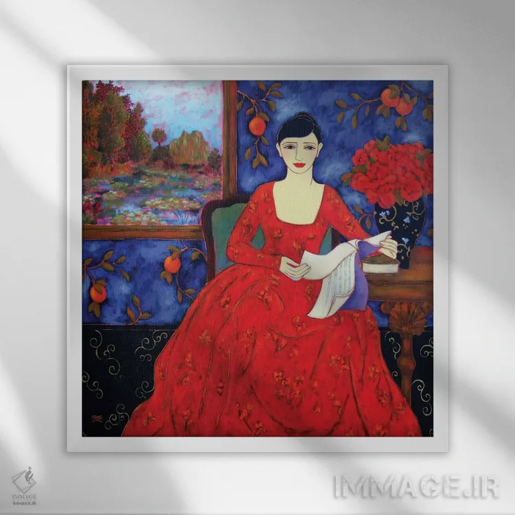 تابلو دکوراتیو زن با منظره و پرتقال ها اثر کارن ریگر - نمای قابدار سفید