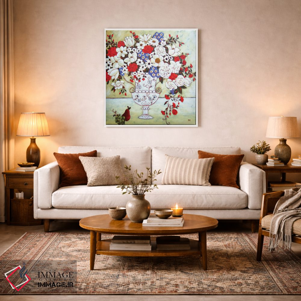 تابلو دکوراتیو شکوفه ها با گلدان عاج و گلابی اثر کارن ریگر - D1W