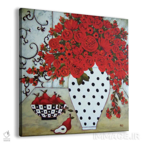 تابلو دکوراتیو گلابی و گل های قرمز با گلدان خال خالی اثر کارن ریگر - نمای پرسپکتیو محصول