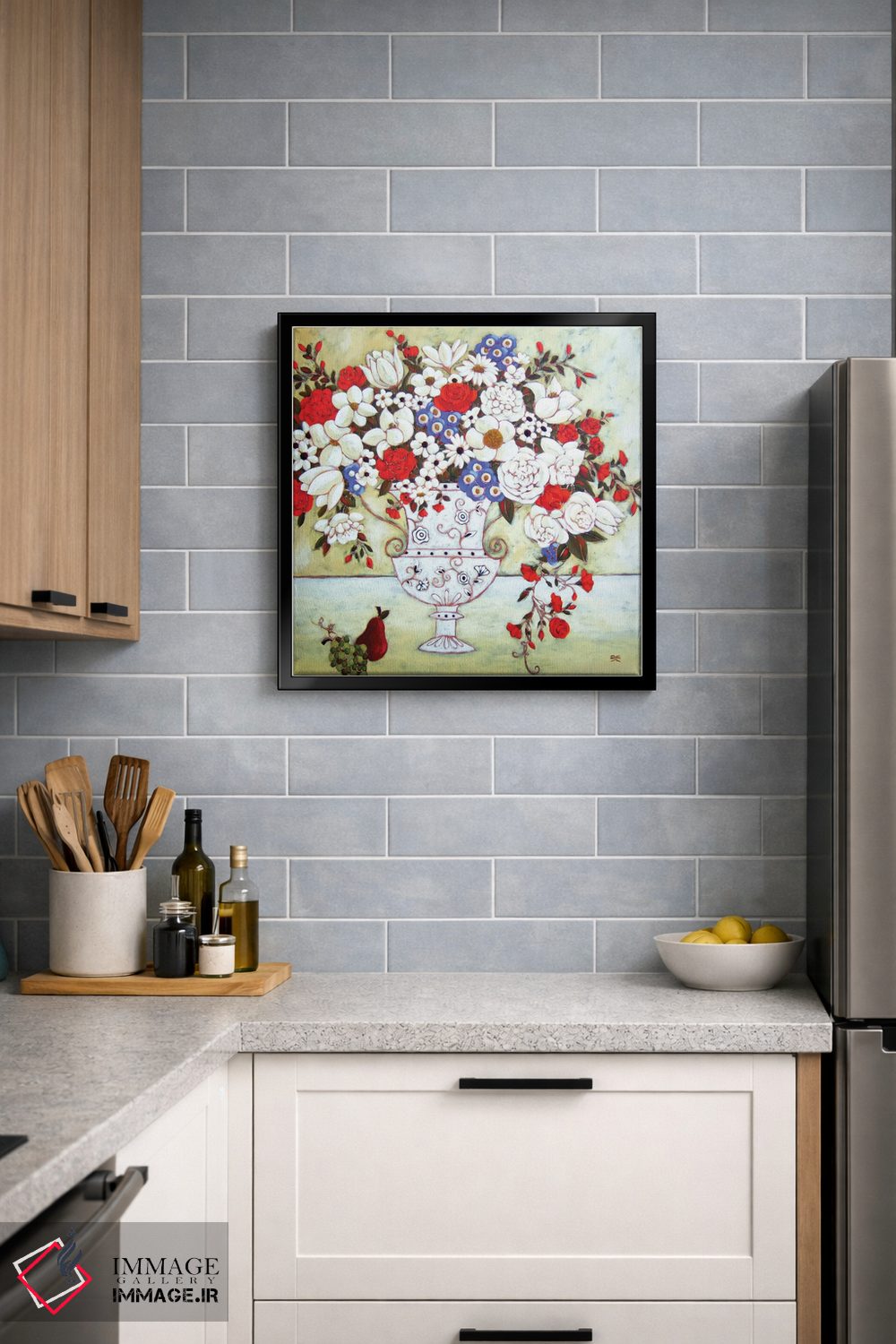 تابلو دکوراتیو شکوفه ها با گلدان عاج و گلابی اثر کارن ریگر - D4B