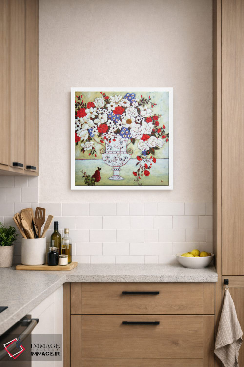 تابلو دکوراتیو شکوفه ها با گلدان عاج و گلابی اثر کارن ریگر - D5W