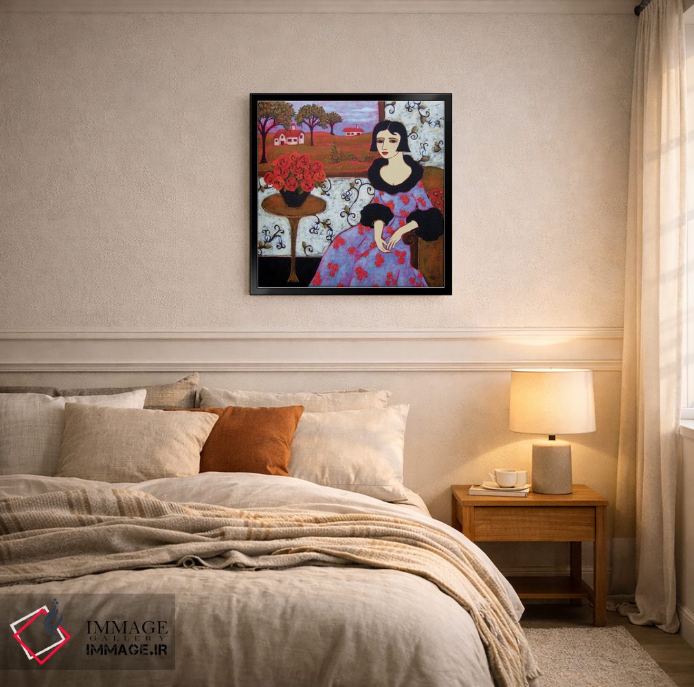 تابلو دکوراتیو زن با لباس لاجوردی و گل رز اثر کارن ریگر - D5B