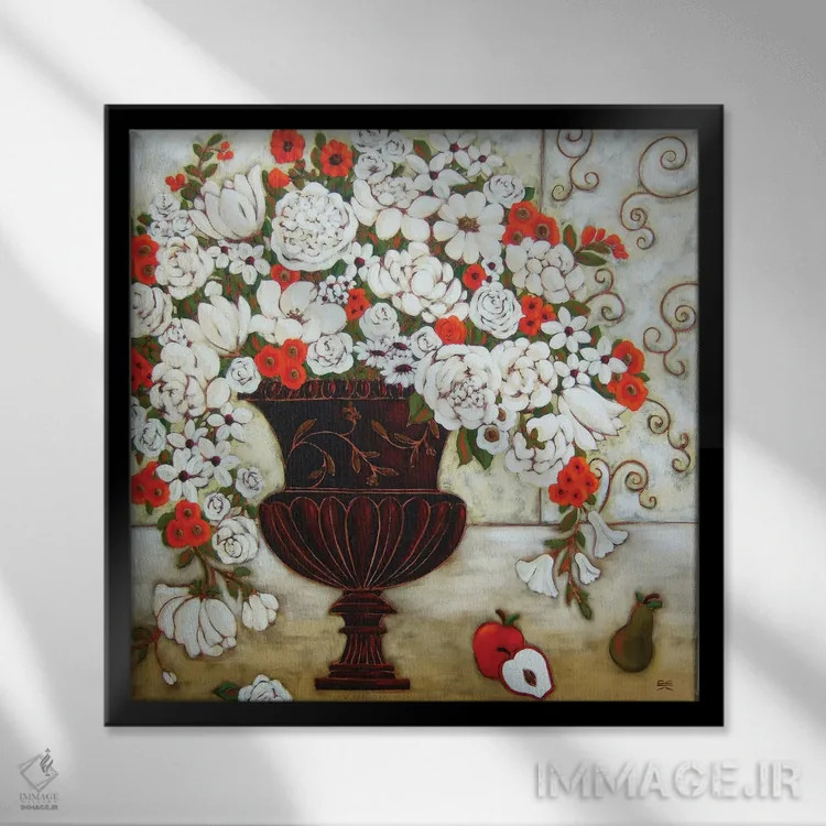 تابلو دکوراتیو گل های قرمز و سفید با سیب و گلابی اثر کارن ریگر - نمای قابدار مشکی