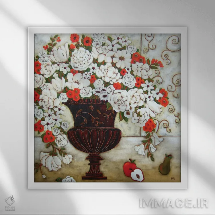 تابلو دکوراتیو گل های قرمز و سفید با سیب و گلابی اثر کارن ریگر - نمای قابدار سفید
