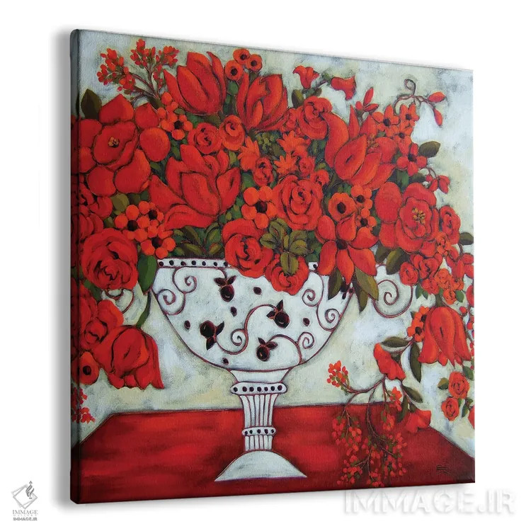 تابلو دکوراتیو گلدان عاجی با لاله های قرمز اثر کارن ریگر - نمای پرسپکتیو محصول