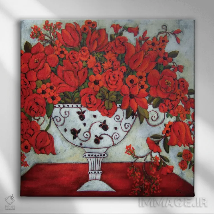 تابلو دکوراتیو گلدان عاجی با لاله های قرمز اثر کارن ریگر - نمای روبهرو روی دیوار