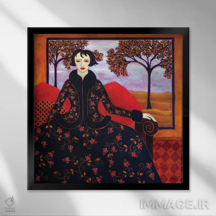 تابلو دکوراتیو زن با منظره عصرگاهی اثر کارن ریگر - نمای قابدار مشکی