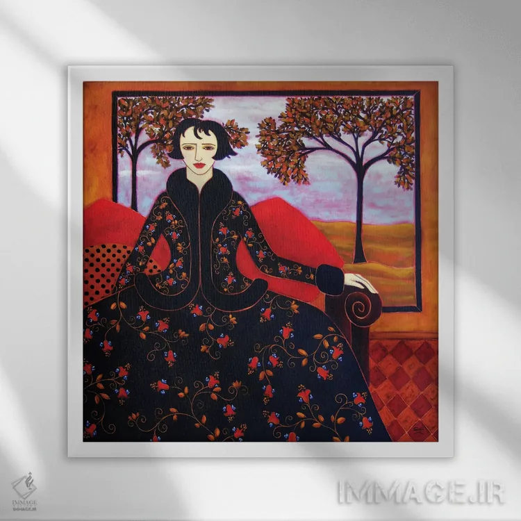 تابلو دکوراتیو زن با منظره عصرگاهی اثر کارن ریگر - نمای قابدار سفید