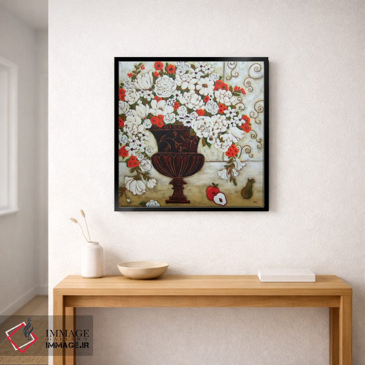 تابلو دکوراتیو گل های قرمز و سفید با سیب و گلابی اثر کارن ریگر - D2B