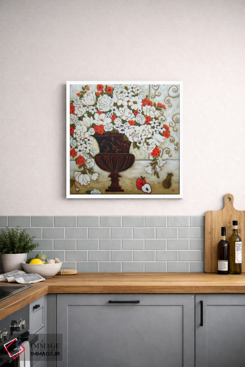 تابلو دکوراتیو گل های قرمز و سفید با سیب و گلابی اثر کارن ریگر - D4W