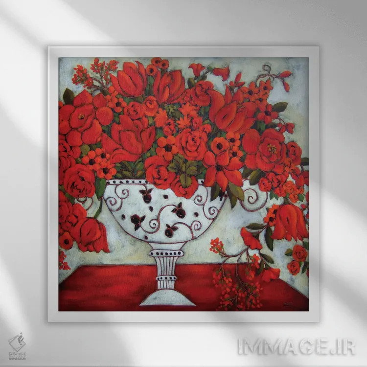 تابلو دکوراتیو گلدان عاجی با لاله های قرمز اثر کارن ریگر - نمای قابدار سفید
