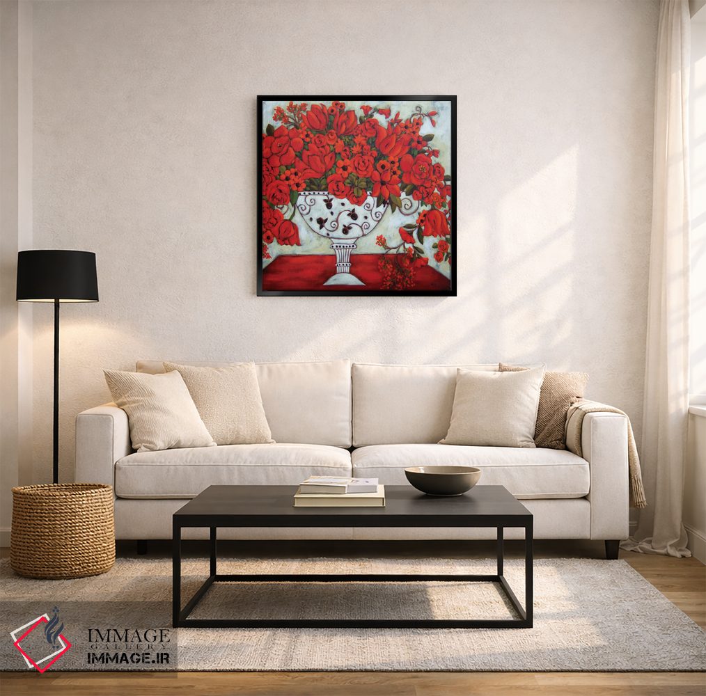 تابلو دکوراتیو گلدان عاجی با لاله های قرمز اثر کارن ریگر - D4B
