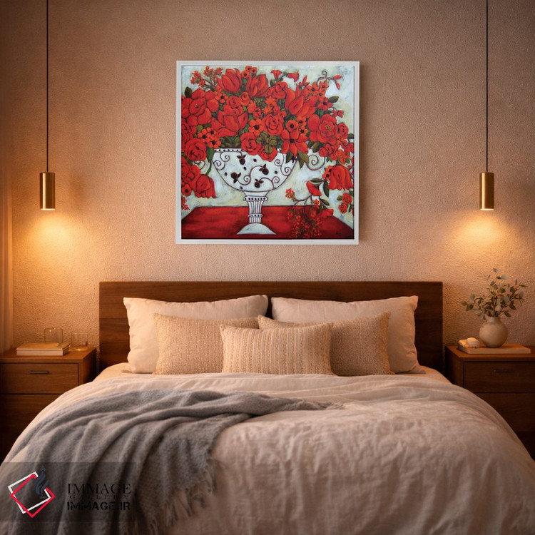 تابلو دکوراتیو گلدان عاجی با لاله های قرمز اثر کارن ریگر - D2W