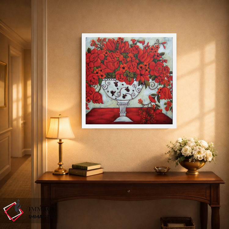 تابلو دکوراتیو گلدان عاجی با لاله های قرمز اثر کارن ریگر - D3W